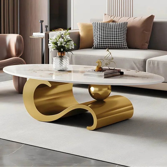 Luxury White Oval Coffee Table with Musical Note Base - View 1