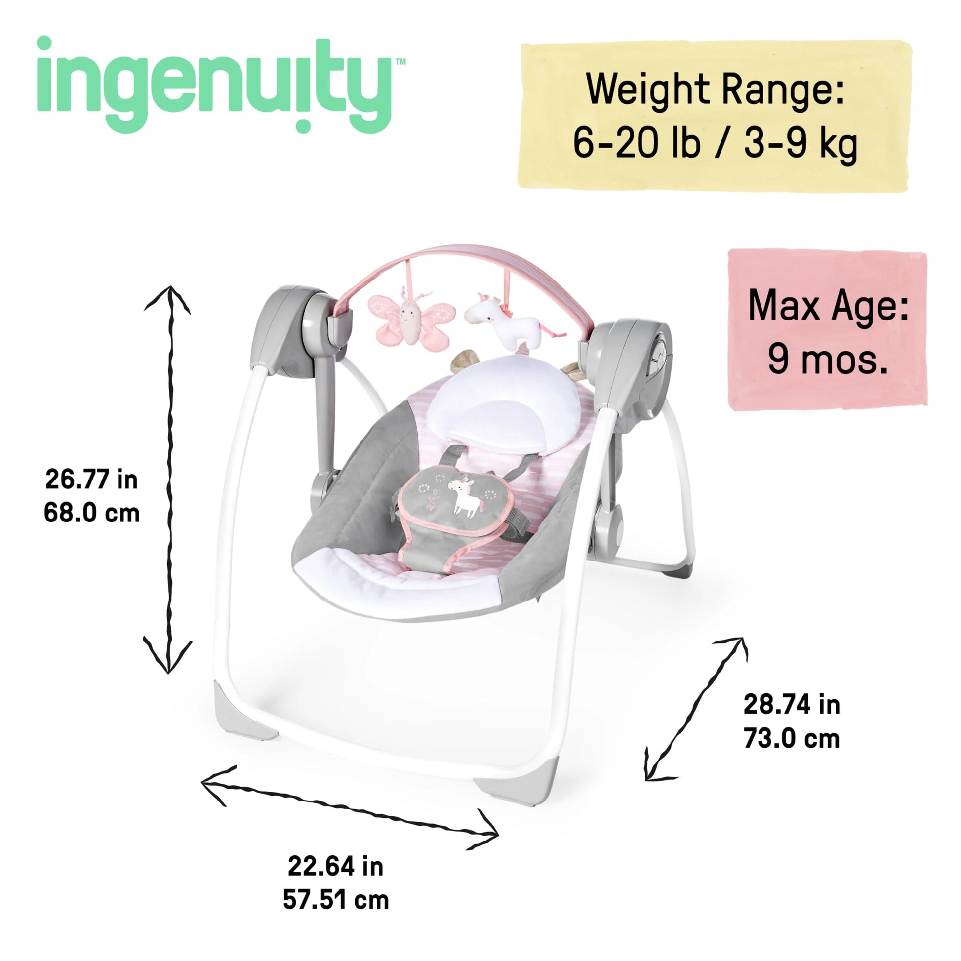 Pink Flora the Unicorn N/A Ingenuity Comfort 2 Go Compact Portable 6-Speed Cushioned Baby Swing with Music, Folds Easy, 0-9 Months 6-20 lbs (Pink Flora the Unicorn), Good Condition condition - View 8