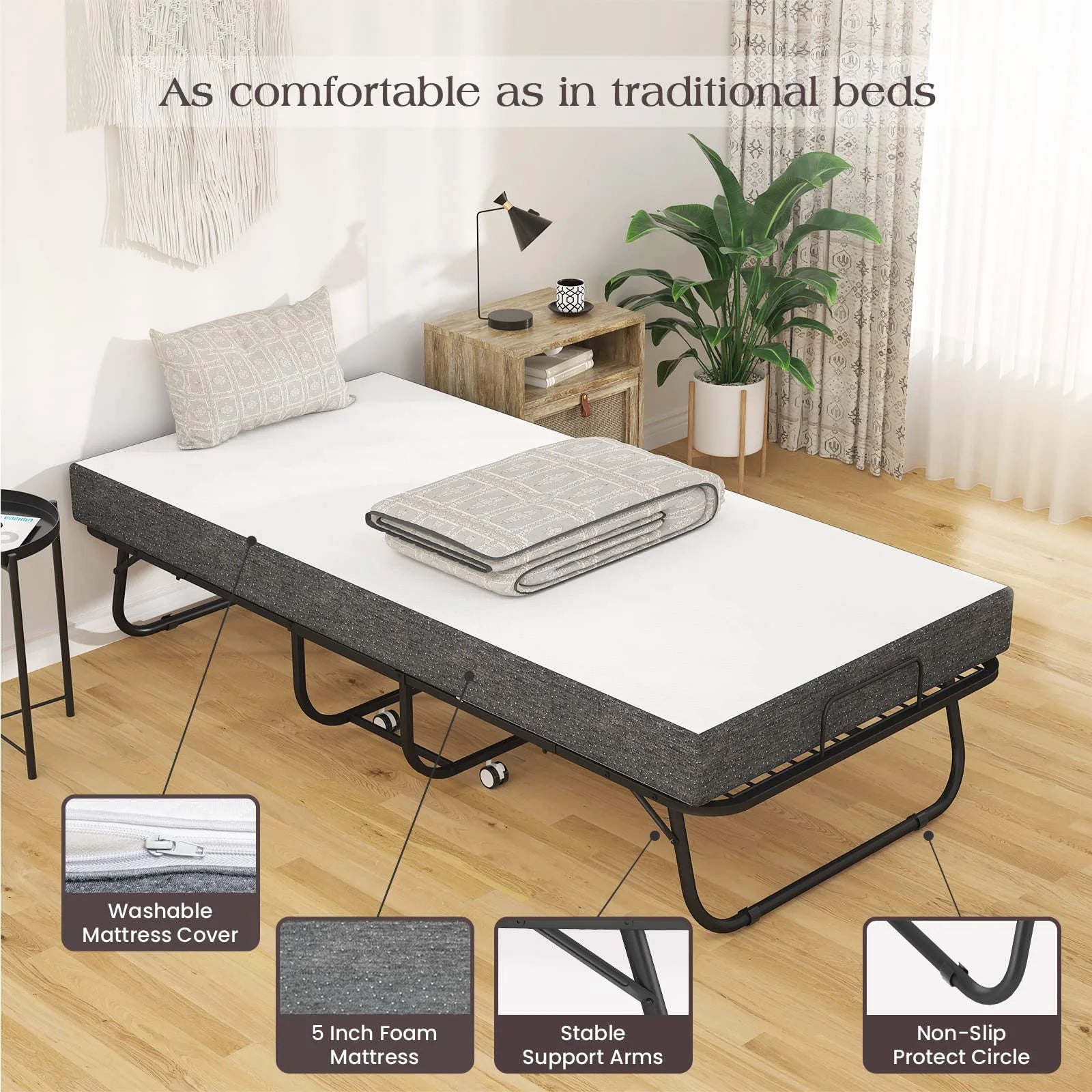 Neutral Metal, Memory Foam Karcog Rollaway Bed, Folding Bed with Mattress for Adults, Storage Cover Included, Cot Size Extra Guest Bed, Foldable Bed with Memory Foam Mattress and Sturdy Metal Frame on Wheels - 75” x 31”, Good Condition condition - View 10