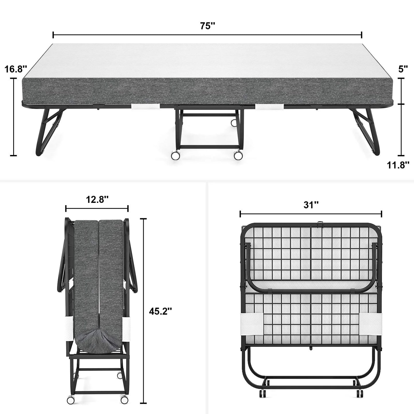 Neutral Metal, Memory Foam Karcog Rollaway Bed, Folding Bed with Mattress for Adults, Storage Cover Included, Cot Size Extra Guest Bed, Foldable Bed with Memory Foam Mattress and Sturdy Metal Frame on Wheels - 75” x 31”, Good Condition condition - View 8