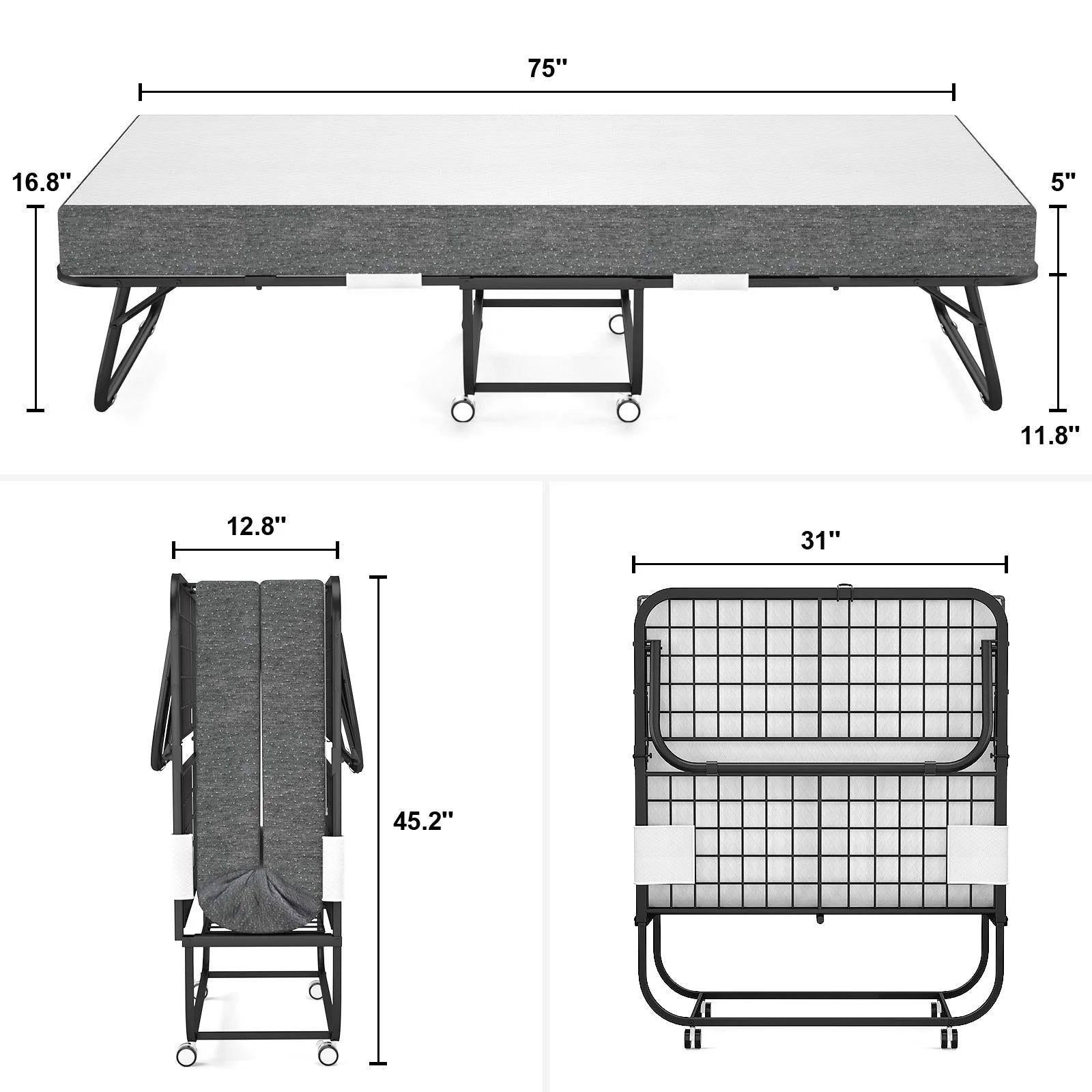 Neutral Metal, Memory Foam Karcog Rollaway Bed, Folding Bed with Mattress for Adults, Storage Cover Included, Cot Size Extra Guest Bed, Foldable Bed with Memory Foam Mattress and Sturdy Metal Frame on Wheels - 75” x 31”, Good Condition condition - View 8