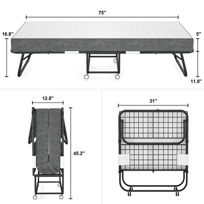 Neutral Metal, Memory Foam Karcog Rollaway Bed, Folding Bed with Mattress for Adults, Storage Cover Included, Cot Size Extra Guest Bed, Foldable Bed with Memory Foam Mattress and Sturdy Metal Frame on Wheels - 75” x 31”, Good Condition condition - View 8