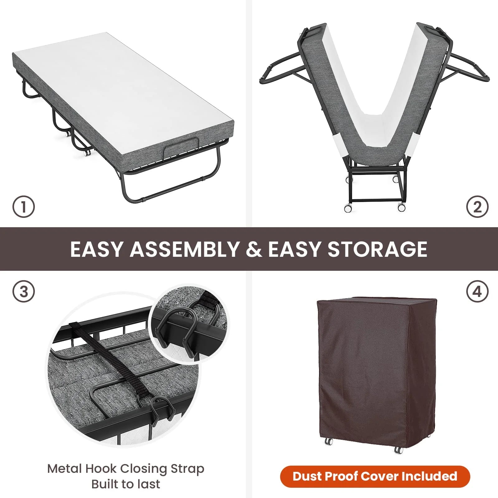 Neutral Metal, Memory Foam Karcog Rollaway Bed, Folding Bed with Mattress for Adults, Storage Cover Included, Cot Size Extra Guest Bed, Foldable Bed with Memory Foam Mattress and Sturdy Metal Frame on Wheels - 75” x 31”, Good Condition condition - View 9