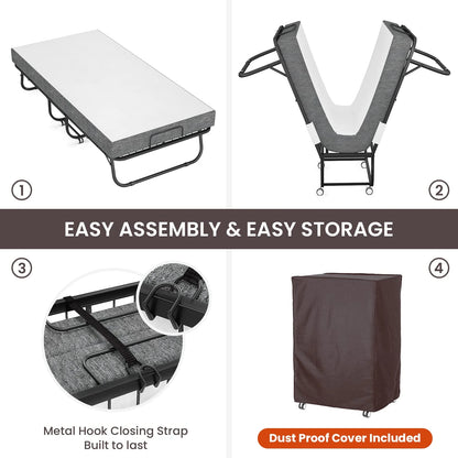 Neutral Metal, Memory Foam Karcog Rollaway Bed, Folding Bed with Mattress for Adults, Storage Cover Included, Cot Size Extra Guest Bed, Foldable Bed with Memory Foam Mattress and Sturdy Metal Frame on Wheels - 75” x 31”, Good Condition condition - View 9