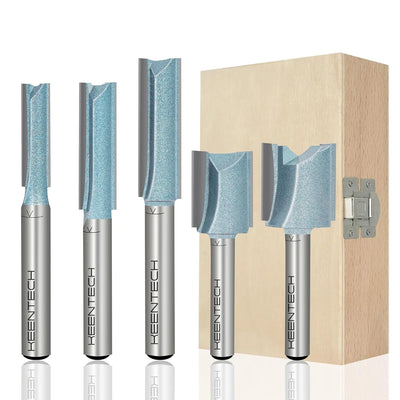 KEENTECH Carbide Tipped Double Flute Straight Router Bit Set 5Pcs, 1/4 Inch Shank
