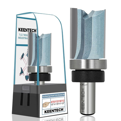 KEENTECH Router Bits 1/2" Shank, Flush Trim Router Bit, Top Bearing Carbide Tipped Pattern Bit, Template Straight Heavy Duty Woodworking Trimming Cutting Tool for Wood, 1-1/8" Diameter, 1-1/2" Depth