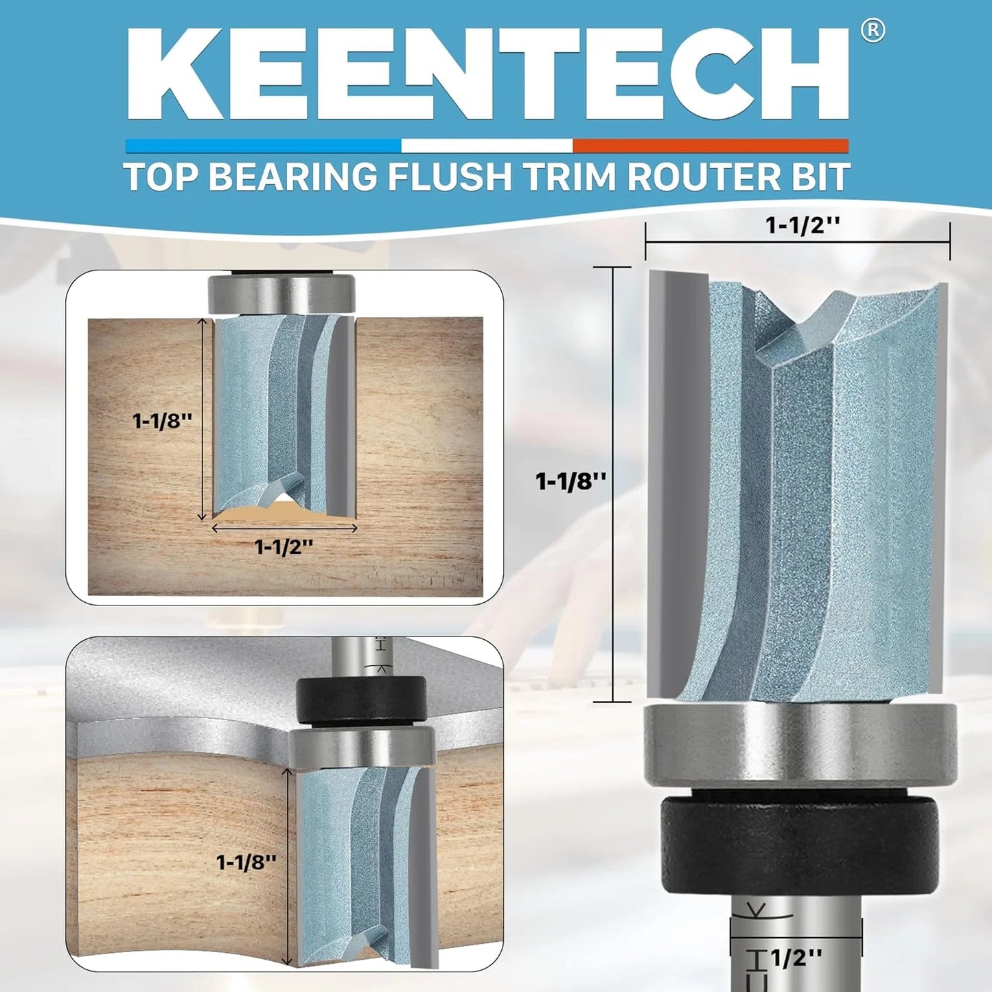 product Carbide Tipped KEENTECH Router Bits 1/2" Shank, Flush Trim Router Bit, Top Bearing Carbide Tipped Pattern Bit, Template Straight Heavy Duty Woodworking Trimming Cutting Tool for Wood, 1-1/8" Diameter, 1-1/2" Depth, Brand New condition - View 4
