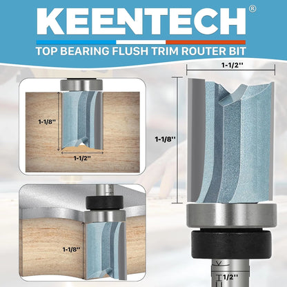 product Carbide Tipped KEENTECH Router Bits 1/2" Shank, Flush Trim Router Bit, Top Bearing Carbide Tipped Pattern Bit, Template Straight Heavy Duty Woodworking Trimming Cutting Tool for Wood, 1-1/8" Diameter, 1-1/2" Depth, Brand New condition - View 4