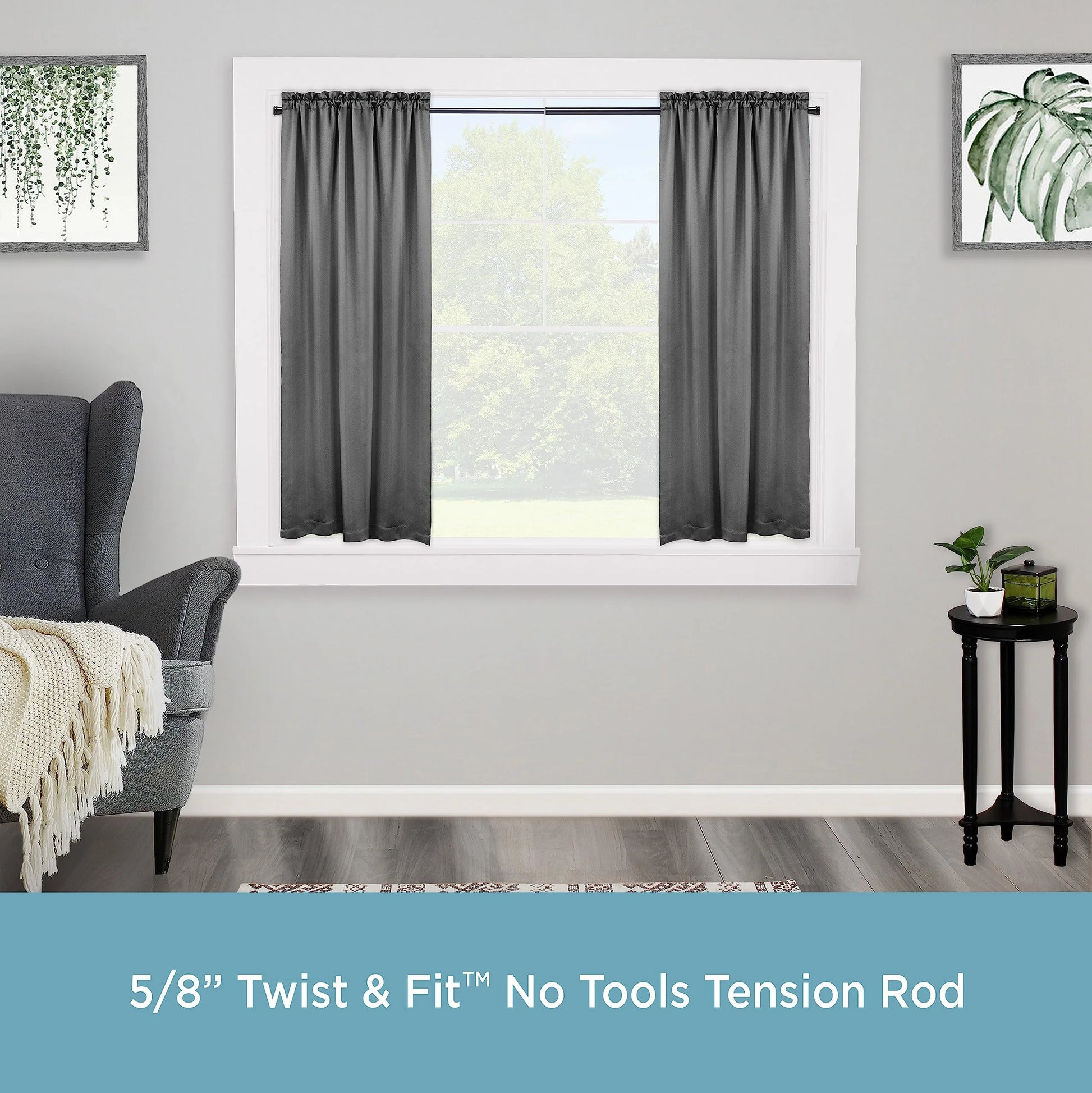 Black Steel Kenney KN723 Rogers Twist & Fit No Tools Easy to Install Tension Curtain Rod, 48-84" Adjustable Length, Black Finish, 5/8" Diameter Steel Tube, Good Condition condition - View 2