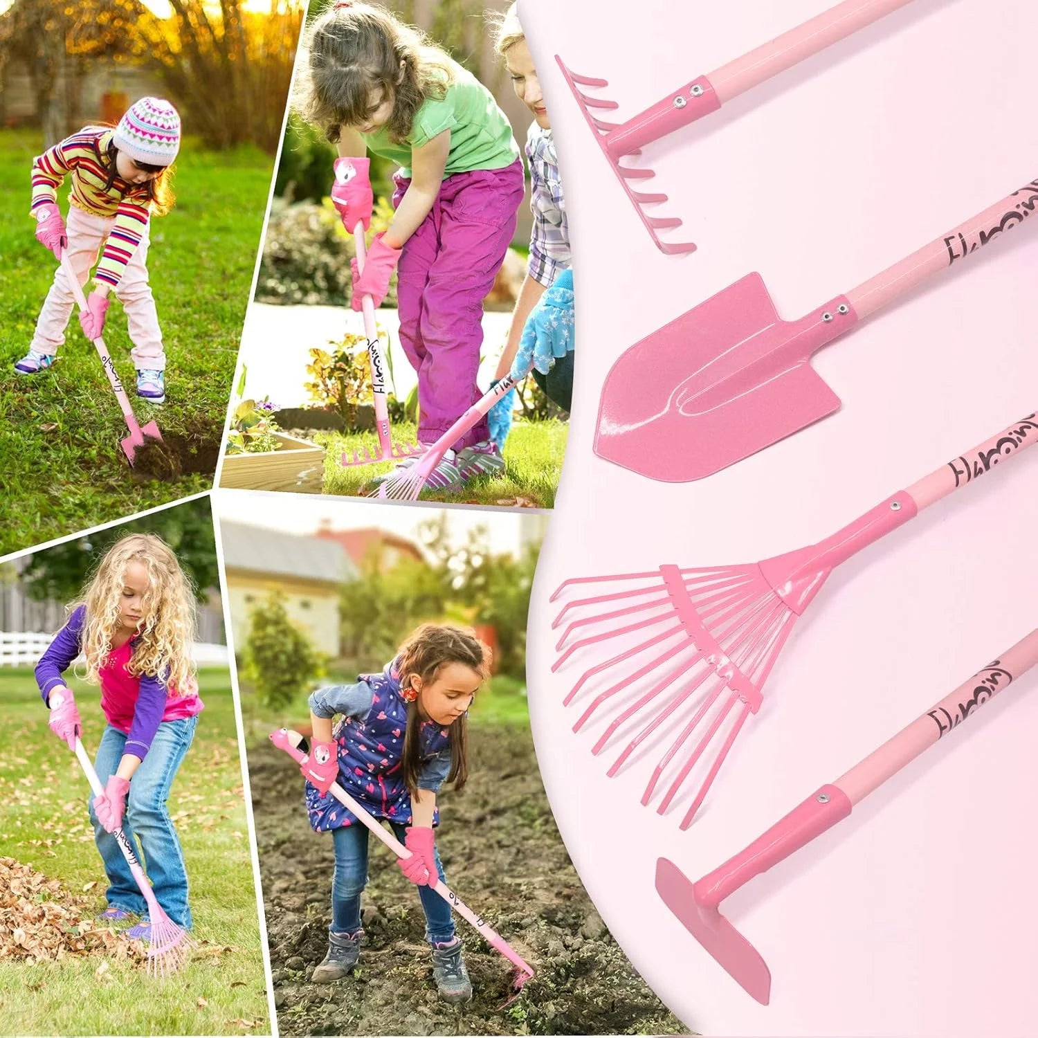Pink Plastic Kids Rake and Shovel Set, 29.6'' Kids Gardening Tools Include Long Rake, Leaf Rake, Shovel, Hoe and Mini Garden Hand Tools, Gardening Toy Gift for Girls Age 3+ Years(Pink), Brand New condition - View 8
