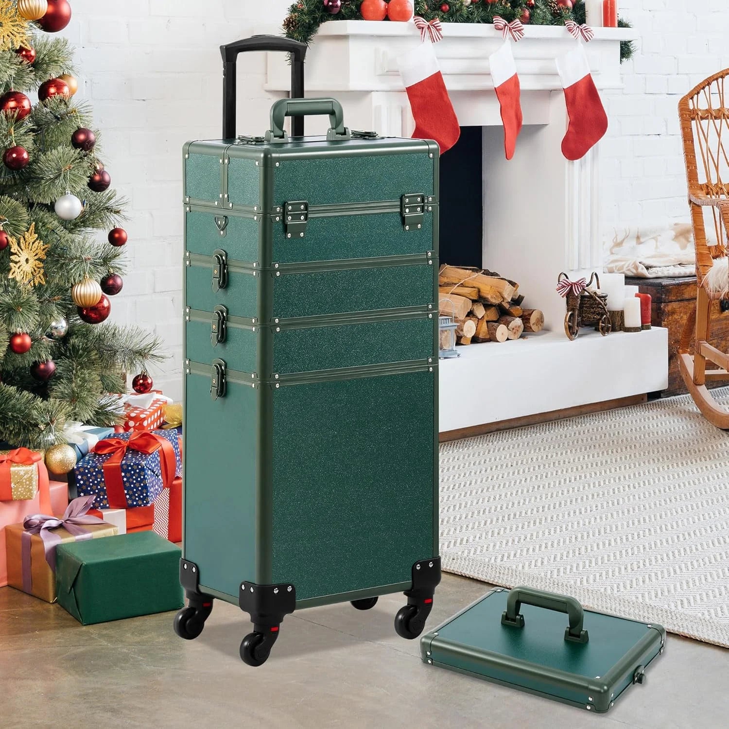 Green Plastic Makeup Train Case, Rolling Makeup Case with Lid, 5 in 1 Cosmetology Case on Wheels, Christmas Gift, Large Makeup Case Organizers, Profesional Cosmetic Case for Salon Barber, Green Green 4 layers, As Is condition - View 9