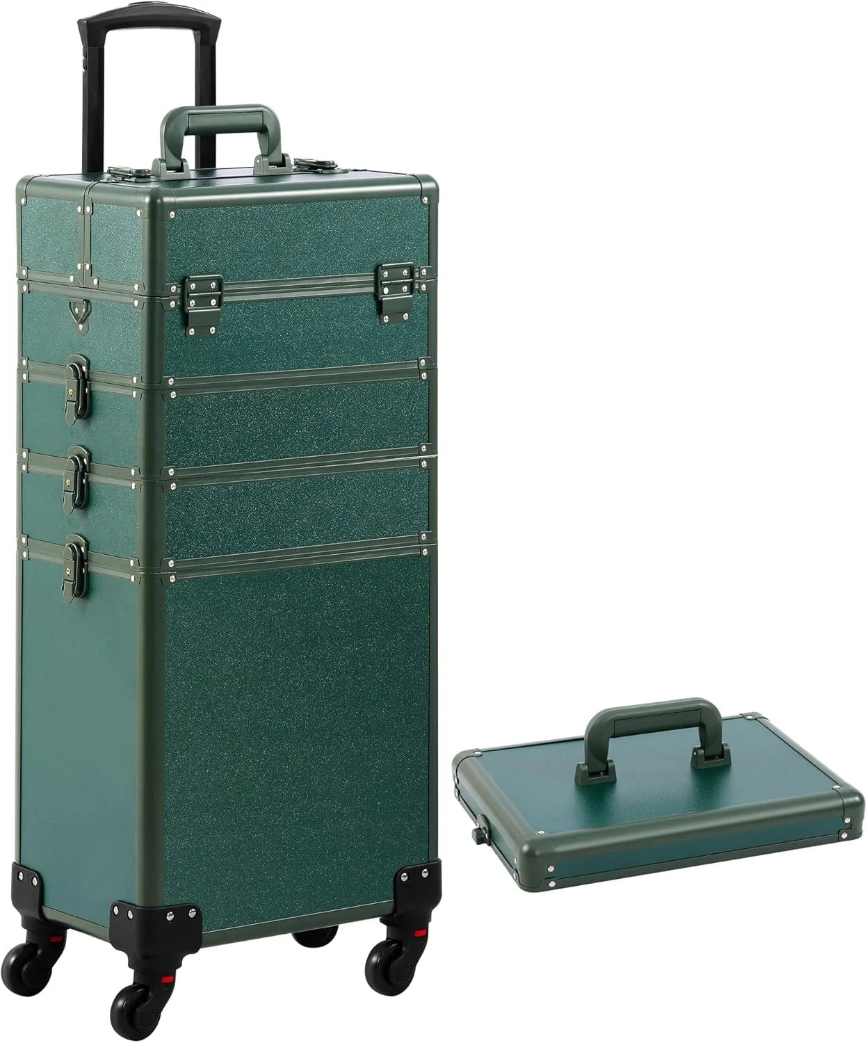Green Plastic Makeup Train Case, Rolling Makeup Case with Lid, 5 in 1 Cosmetology Case on Wheels, Christmas Gift, Large Makeup Case Organizers, Profesional Cosmetic Case for Salon Barber, Green Green 4 layers, As Is condition - View 11
