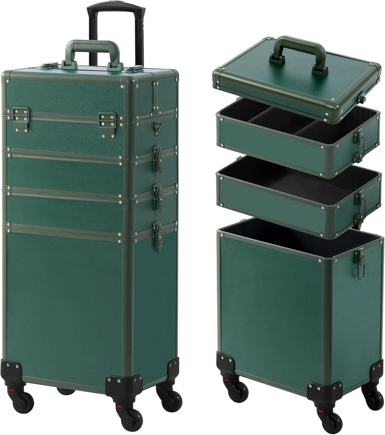 Green Plastic Makeup Train Case, Rolling Makeup Case with Lid, 5 in 1 Cosmetology Case on Wheels, Christmas Gift, Large Makeup Case Organizers, Profesional Cosmetic Case for Salon Barber, Green Green 4 layers, As Is condition - View 12