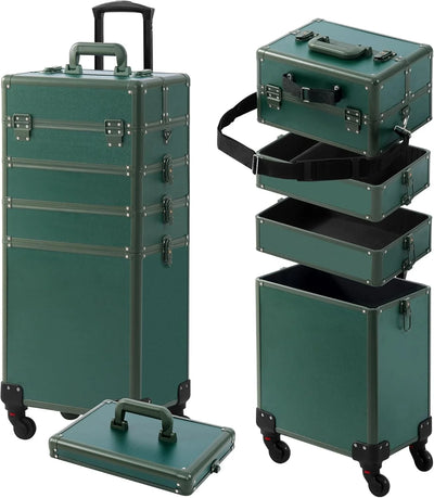 Makeup Train Case, Rolling Makeup Case with Lid, 5 in 1 Cosmetology Case on Wheels, Christmas Gift, Large Makeup Case Organizers, Profesional Cosmetic Case for Salon Barber, Green Green 4 layers