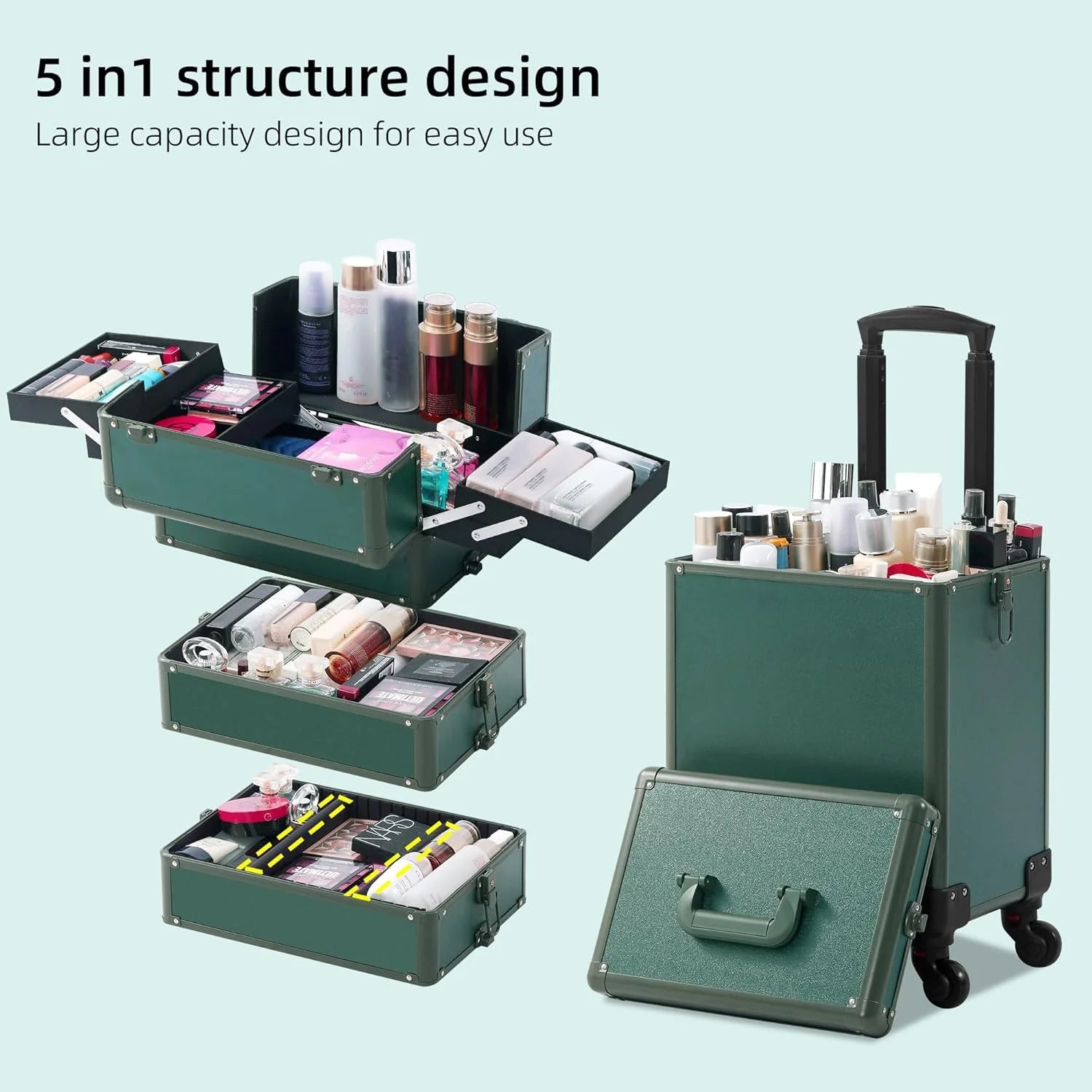 Green Plastic Makeup Train Case, Rolling Makeup Case with Lid, 5 in 1 Cosmetology Case on Wheels, Christmas Gift, Large Makeup Case Organizers, Profesional Cosmetic Case for Salon Barber, Green Green 4 layers, As Is condition - View 5