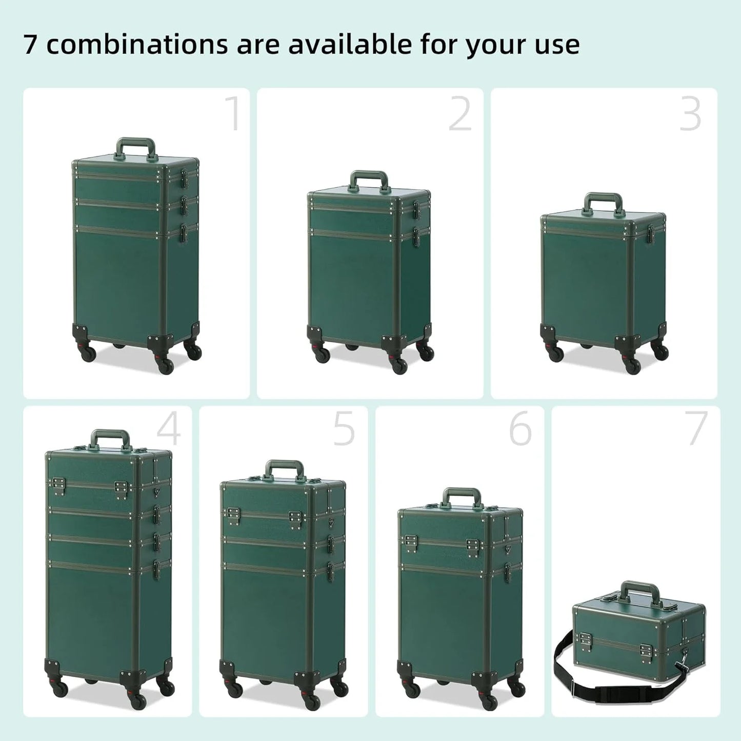 Green Plastic Makeup Train Case, Rolling Makeup Case with Lid, 5 in 1 Cosmetology Case on Wheels, Christmas Gift, Large Makeup Case Organizers, Profesional Cosmetic Case for Salon Barber, Green Green 4 layers, As Is condition - View 6