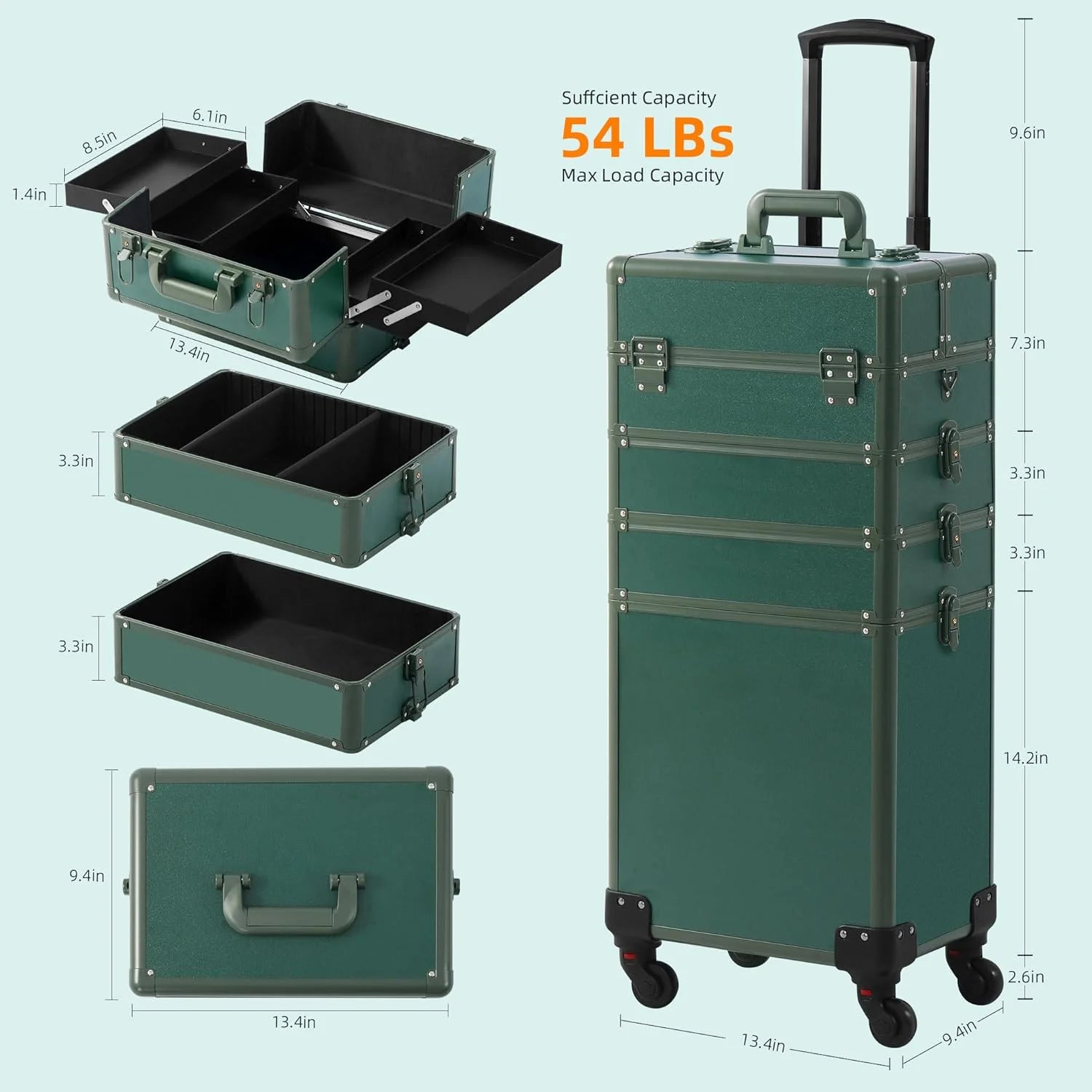 Green Plastic Makeup Train Case, Rolling Makeup Case with Lid, 5 in 1 Cosmetology Case on Wheels, Christmas Gift, Large Makeup Case Organizers, Profesional Cosmetic Case for Salon Barber, Green Green 4 layers, As Is condition - View 7