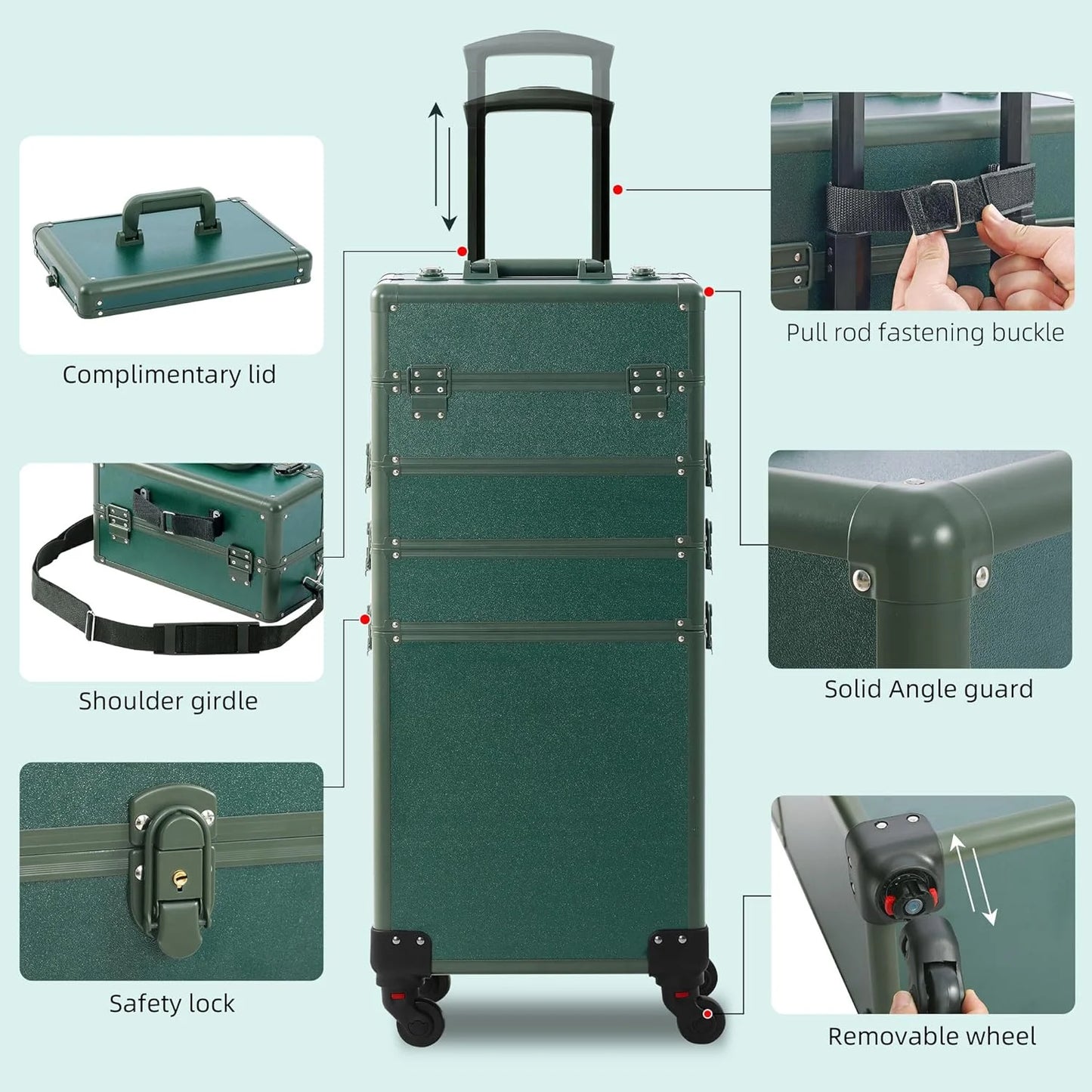 Green Plastic Makeup Train Case, Rolling Makeup Case with Lid, 5 in 1 Cosmetology Case on Wheels, Christmas Gift, Large Makeup Case Organizers, Profesional Cosmetic Case for Salon Barber, Green Green 4 layers, As Is condition - View 8