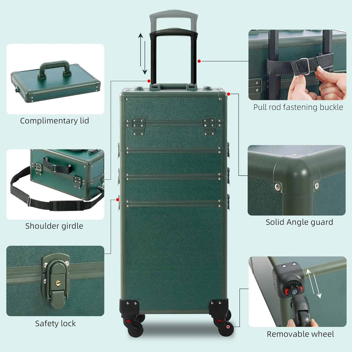 Green Plastic Makeup Train Case, Rolling Makeup Case with Lid, 5 in 1 Cosmetology Case on Wheels, Christmas Gift, Large Makeup Case Organizers, Profesional Cosmetic Case for Salon Barber, Green Green 4 layers, As Is condition - View 8