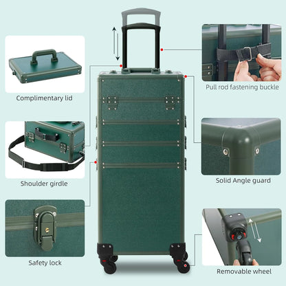 Green Plastic Makeup Train Case, Rolling Makeup Case with Lid, 5 in 1 Cosmetology Case on Wheels, Christmas Gift, Large Makeup Case Organizers, Profesional Cosmetic Case for Salon Barber, Green Green 4 layers, As Is condition - View 8