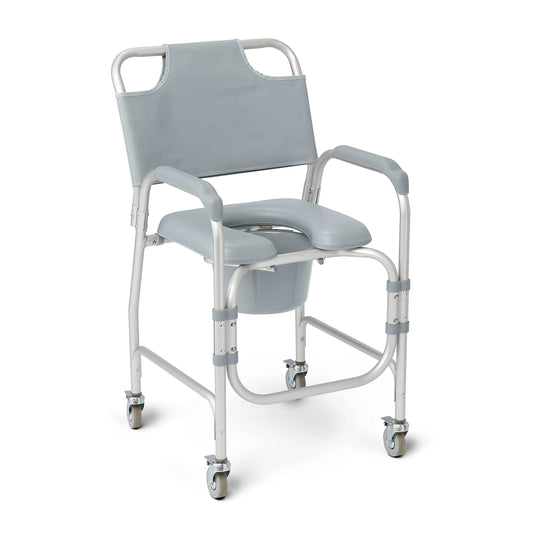 Medline Aluminum Padded Shower Chair Commode with 4 Locking Casters, 300 lbs. Capacity - View 1