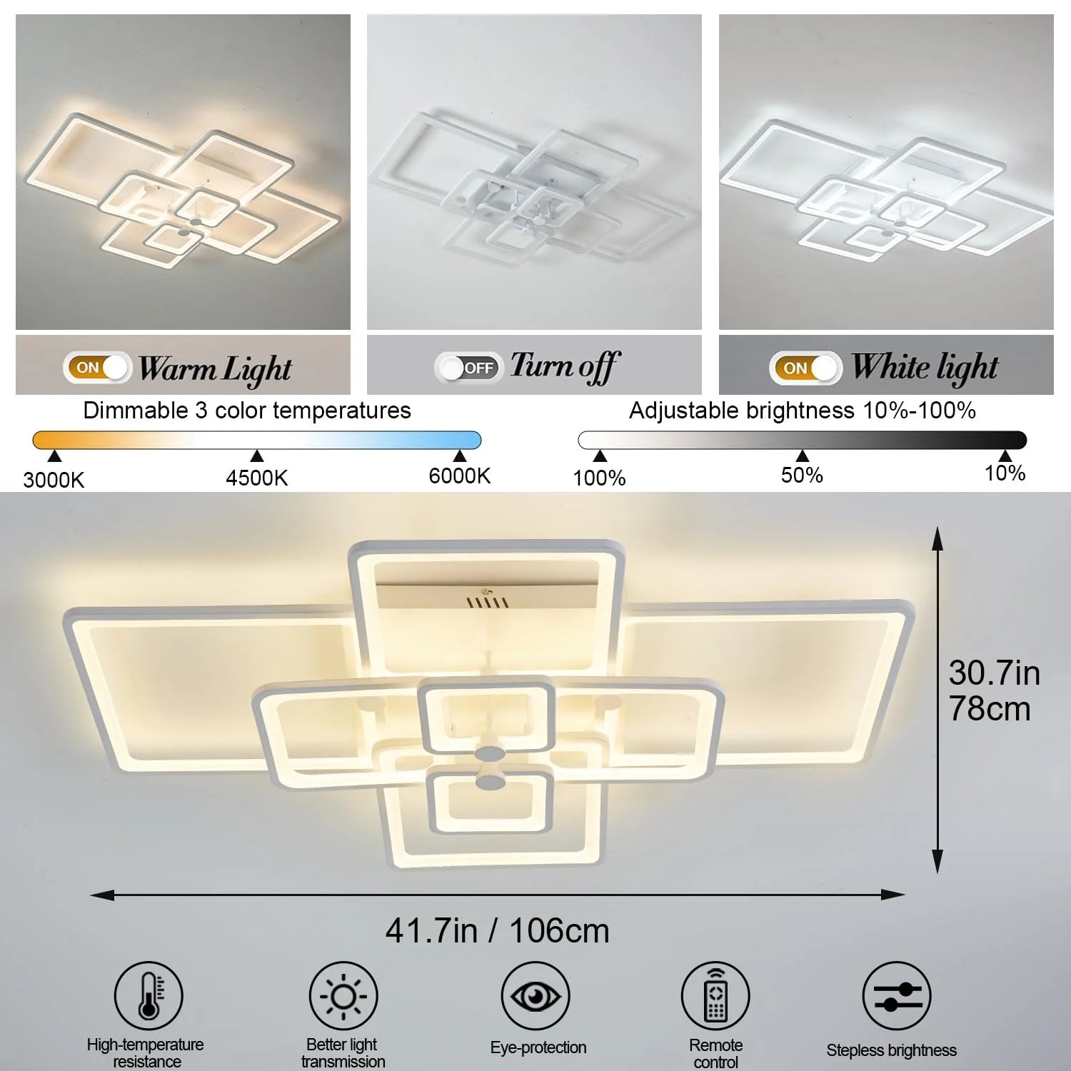 White Acrylic Modern LED Ceiling Light,41.7in White Modern LED Ceiling Light Dimmable for Living Room,8 Square Frame Acrylic with Remote Ceiling Lamps for Kitchen Bedroom Dining Room, Good Condition condition - View 8