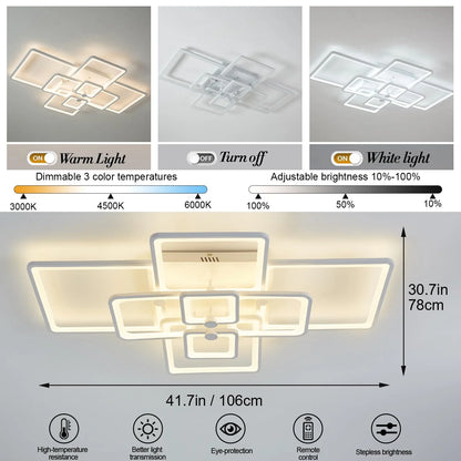 White Acrylic Modern LED Ceiling Light,41.7in White Modern LED Ceiling Light Dimmable for Living Room,8 Square Frame Acrylic with Remote Ceiling Lamps for Kitchen Bedroom Dining Room, Good Condition condition - View 8
