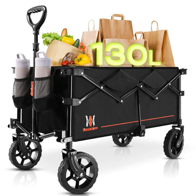 Navatiee 130L Collapsible Folding Wagon, Large Capacity Foldable Wagon with Silent All-Terrain Wheels, Utility Grocery Wagon Cart for Camping Shopping Outdoor, Black