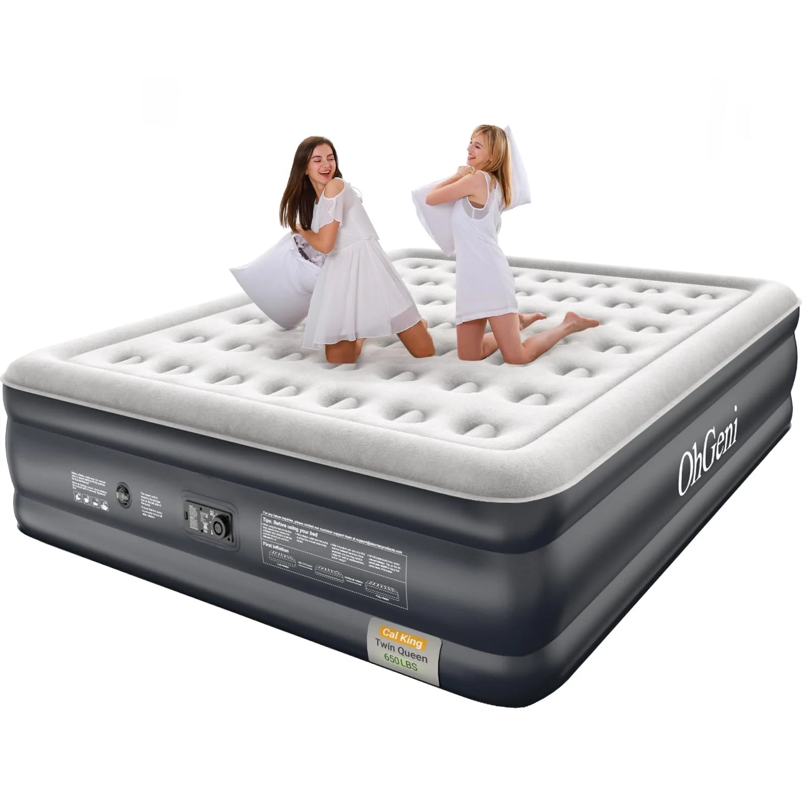 Black PVC OhGeni Cal King Air Mattress with Built-in Pump for Guest, 18" Tall Inflatable Blow Up Air Bed with Carrying Bag for Camping, Raised Elevated High Airbed, Foldable & Portable Colchon inflables, Black, Good Condition condition - View 1