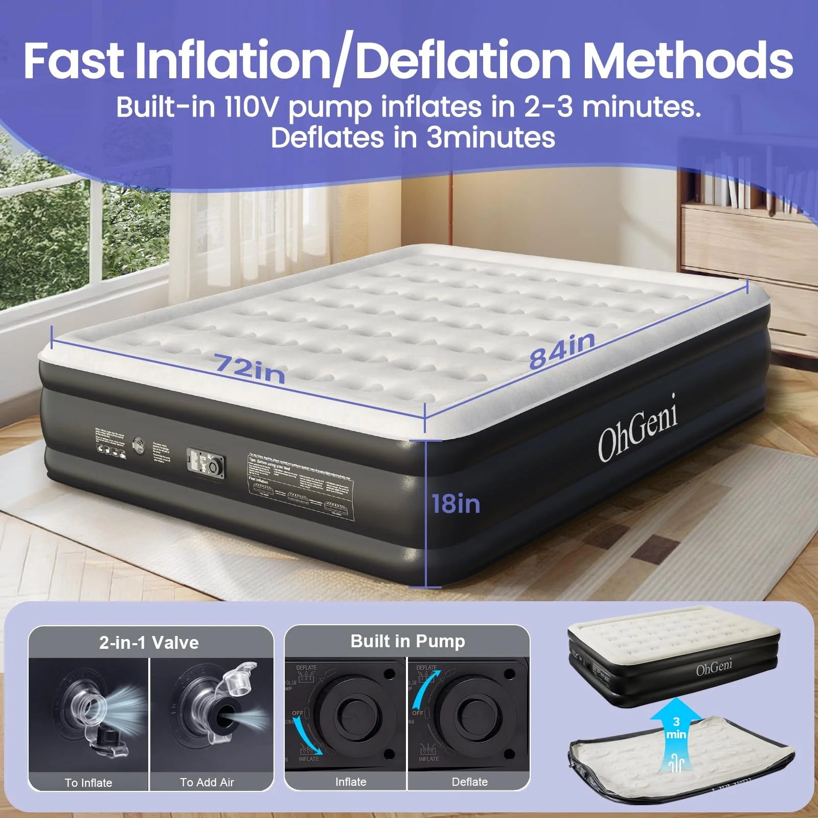 Black PVC OhGeni Cal King Air Mattress with Built-in Pump for Guest, 18" Tall Inflatable Blow Up Air Bed with Carrying Bag for Camping, Raised Elevated High Airbed, Foldable & Portable Colchon inflables, Black, Good Condition condition - View 8
