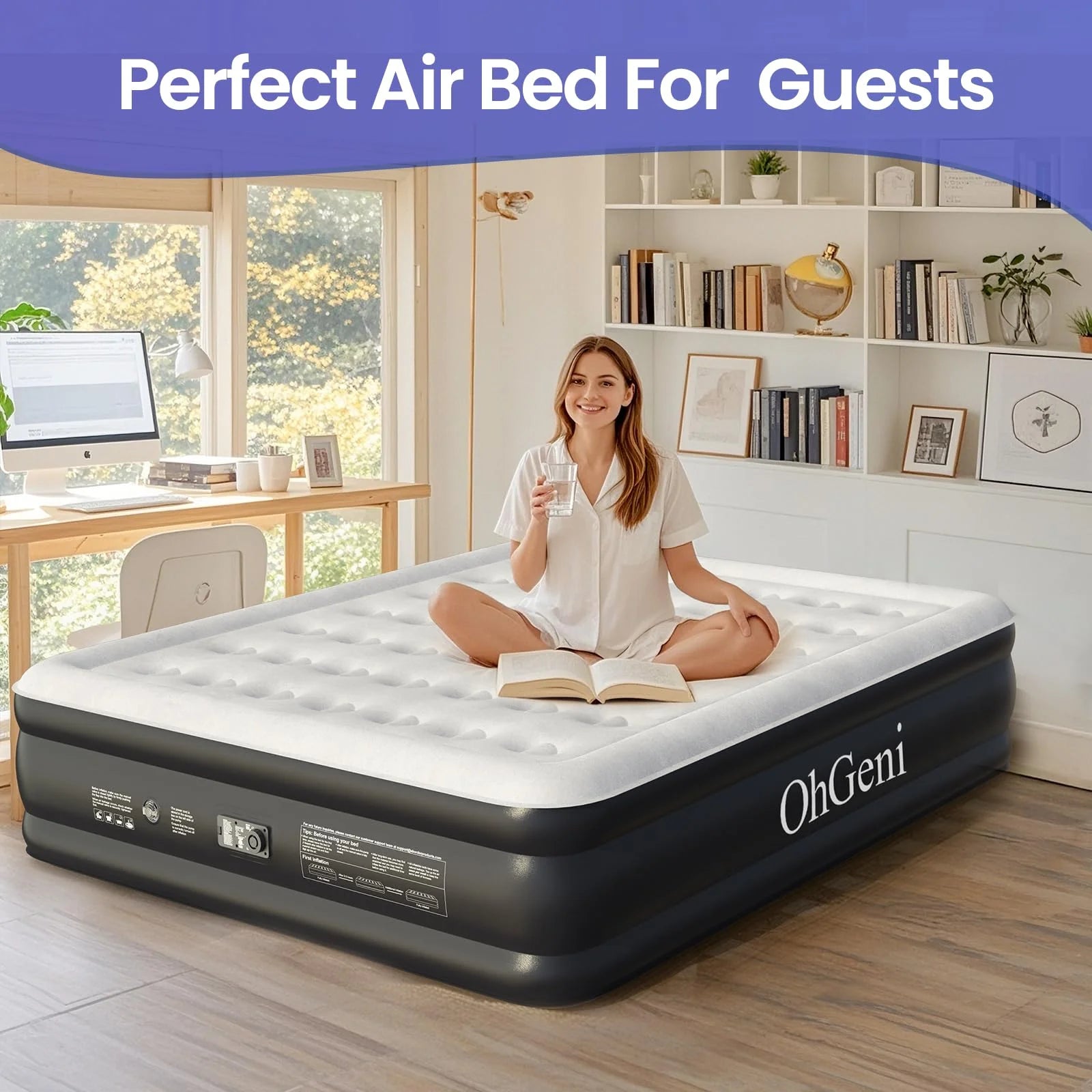 Black PVC OhGeni Cal King Air Mattress with Built-in Pump for Guest, 18" Tall Inflatable Blow Up Air Bed with Carrying Bag for Camping, Raised Elevated High Airbed, Foldable & Portable Colchon inflables, Black, Good Condition condition - View 9