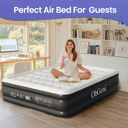 Black PVC OhGeni Cal King Air Mattress with Built-in Pump for Guest, 18" Tall Inflatable Blow Up Air Bed with Carrying Bag for Camping, Raised Elevated High Airbed, Foldable & Portable Colchon inflables, Black, Good Condition condition - View 9