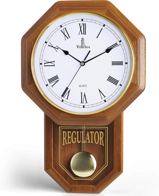 Real Wood Pendulum Wall Clock - Battery Operated - Schoolhouse Design - View 1