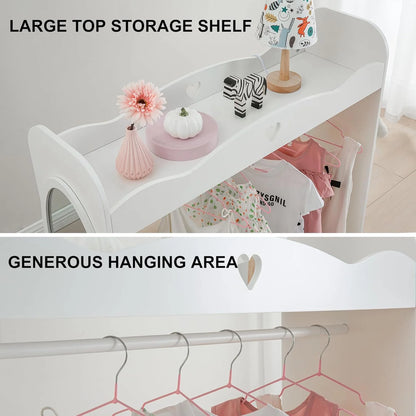 White Wood RELIANCER Kids Armoire Dress-Up Closet w/Mirror,Open Hanging Wardrobe w/Clothes Rack,Toddlers Pretend Play Costume Storage Dresser,Children Costume Organizer Center for Nursery Girl Bedroom Playroom, Good Condition condition - View 5