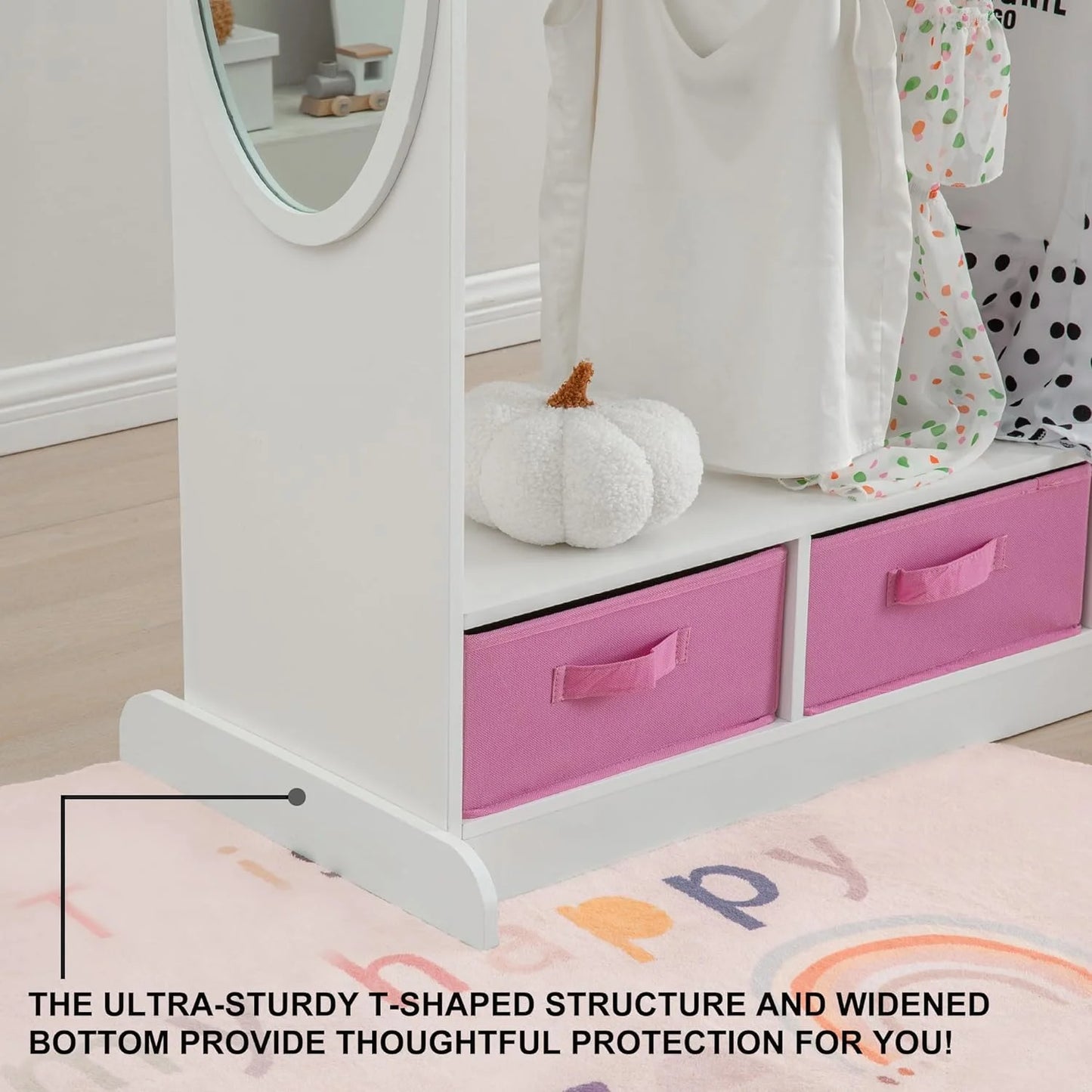 White Wood RELIANCER Kids Armoire Dress-Up Closet w/Mirror,Open Hanging Wardrobe w/Clothes Rack,Toddlers Pretend Play Costume Storage Dresser,Children Costume Organizer Center for Nursery Girl Bedroom Playroom, Good Condition condition - View 7