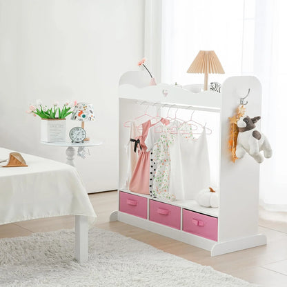 White Wood RELIANCER Kids Armoire Dress-Up Closet w/Mirror,Open Hanging Wardrobe w/Clothes Rack,Toddlers Pretend Play Costume Storage Dresser,Children Costume Organizer Center for Nursery Girl Bedroom Playroom, Good Condition condition - View 9