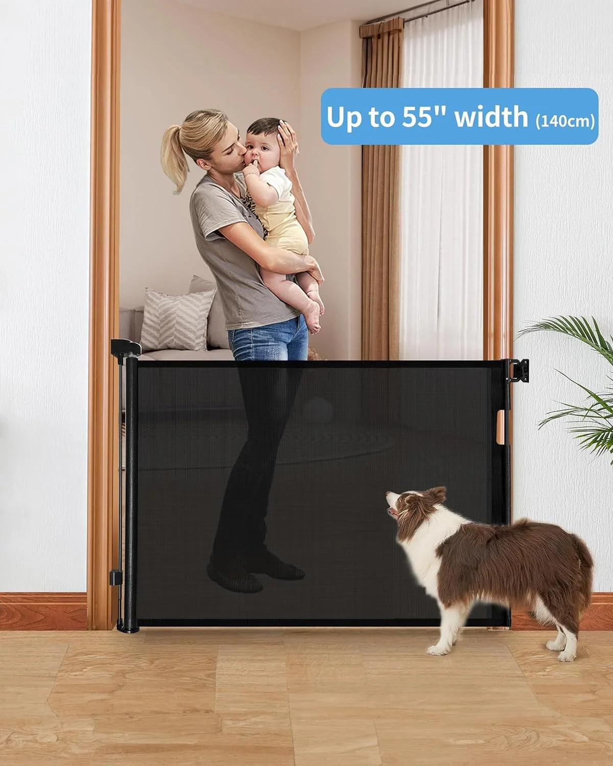 Black Mesh Retractable Baby Gate,Mesh Baby Gate or Mesh Dog Gate,33" Tall,Extends up to 55" Wide,Child Safety Gate for Doorways, Stairs, Hallways, Indoor/Outdoor?Black,33"x55", As Is condition - View 2