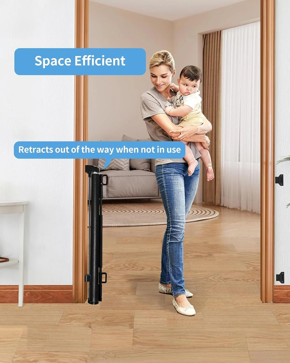 Black Mesh Retractable Baby Gate,Mesh Baby Gate or Mesh Dog Gate,33" Tall,Extends up to 55" Wide,Child Safety Gate for Doorways, Stairs, Hallways, Indoor/Outdoor?Black,33"x55", As Is condition - View 4