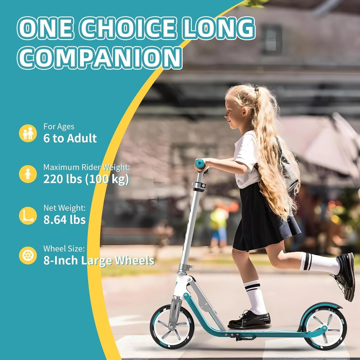 Turquoise Aluminum Scooter for Kids 6-12 & Adults | Adjustable Height, Foldable, Lightweight Aluminum Frame | Holds Up to 220lbs | Smooth Ride on Any Terrain 205Turquoise, Good Condition condition - View 5