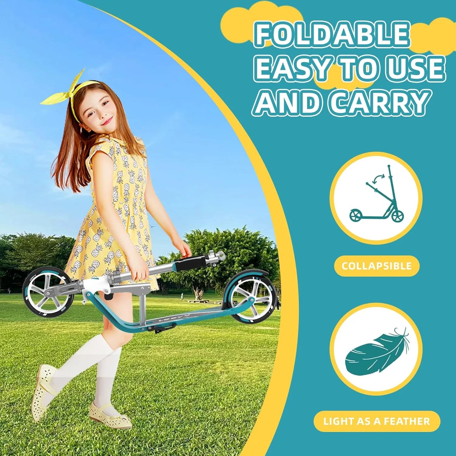 Turquoise Aluminum Scooter for Kids 6-12 & Adults | Adjustable Height, Foldable, Lightweight Aluminum Frame | Holds Up to 220lbs | Smooth Ride on Any Terrain 205Turquoise, Good Condition condition - View 6