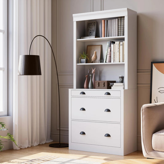 71 Inch Tall Storage Cabinet, Bookcase with 3 Drawers and 3-Tier Open Shelves, Wooden Bookshelf Storage Organizer, White - View 1