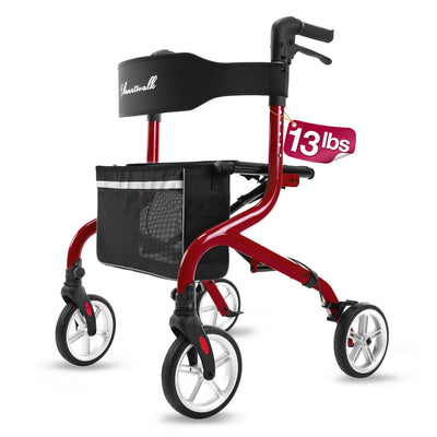 Super Lightweight Rollator Walker for Seniors, Foldable Rolling Walker with Seat and 8" Rubber Wheels for All Terrain, Unique Design Aluminium Frame Sturdy Walkers for Traveling - Red
