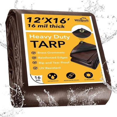 Tarp 12x16FT, 16 Mil Heavy Duty Large Tarps, Waterproof Tarp with Brass Grommets and Reinforced Edges, UV Resistant, Tear&Fade Resistant Poly Tarp for Outdoor Camping Pool Car Tent Brown/Black-16mil 12' x 16'