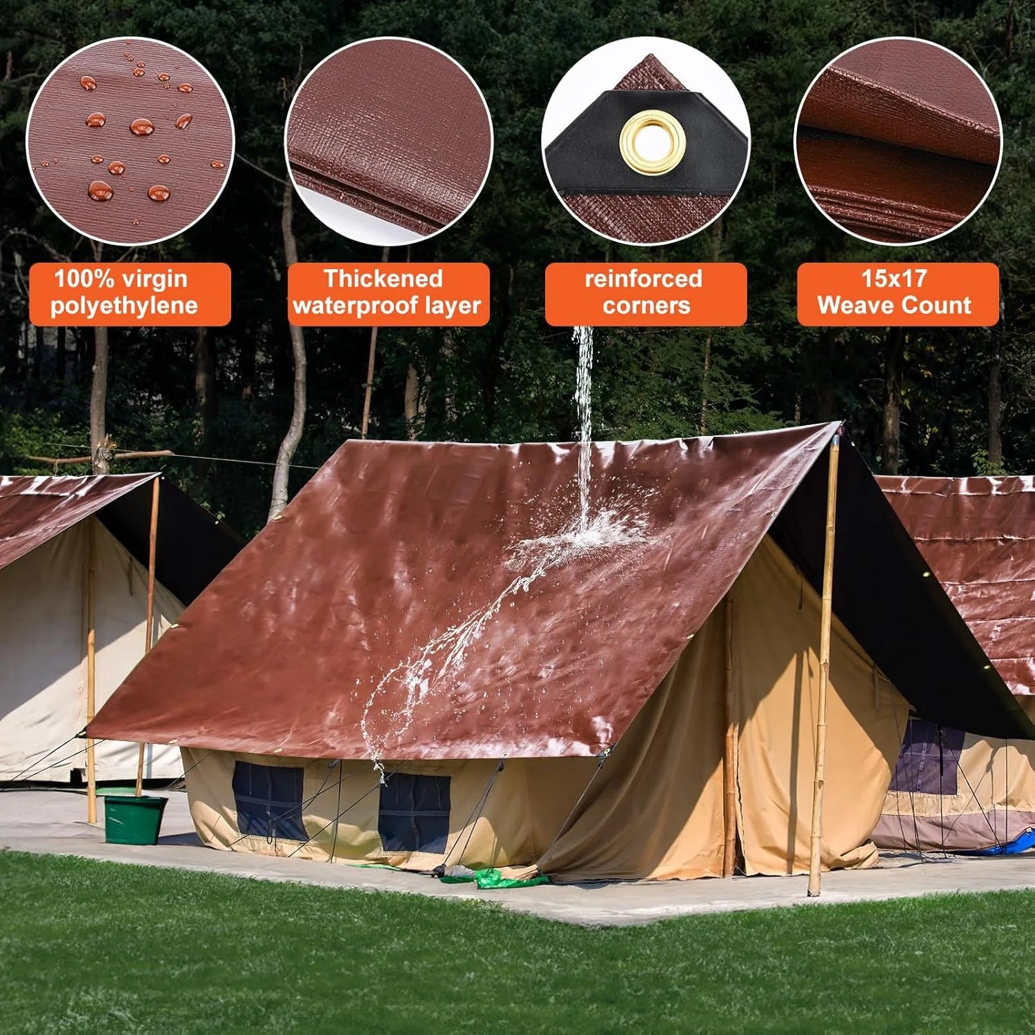 Brown/Black Poly Tarp 12x16FT, 16 Mil Heavy Duty Large Tarps, Waterproof Tarp with Brass Grommets and Reinforced Edges, UV Resistant, Tear&Fade Resistant Poly Tarp for Outdoor Camping Pool Car Tent Brown/Black-16mil 12' x 16', As Is condition - View 4