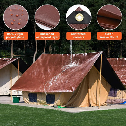 Brown/Black Poly Tarp 12x16FT, 16 Mil Heavy Duty Large Tarps, Waterproof Tarp with Brass Grommets and Reinforced Edges, UV Resistant, Tear&Fade Resistant Poly Tarp for Outdoor Camping Pool Car Tent Brown/Black-16mil 12' x 16', As Is condition - View 4