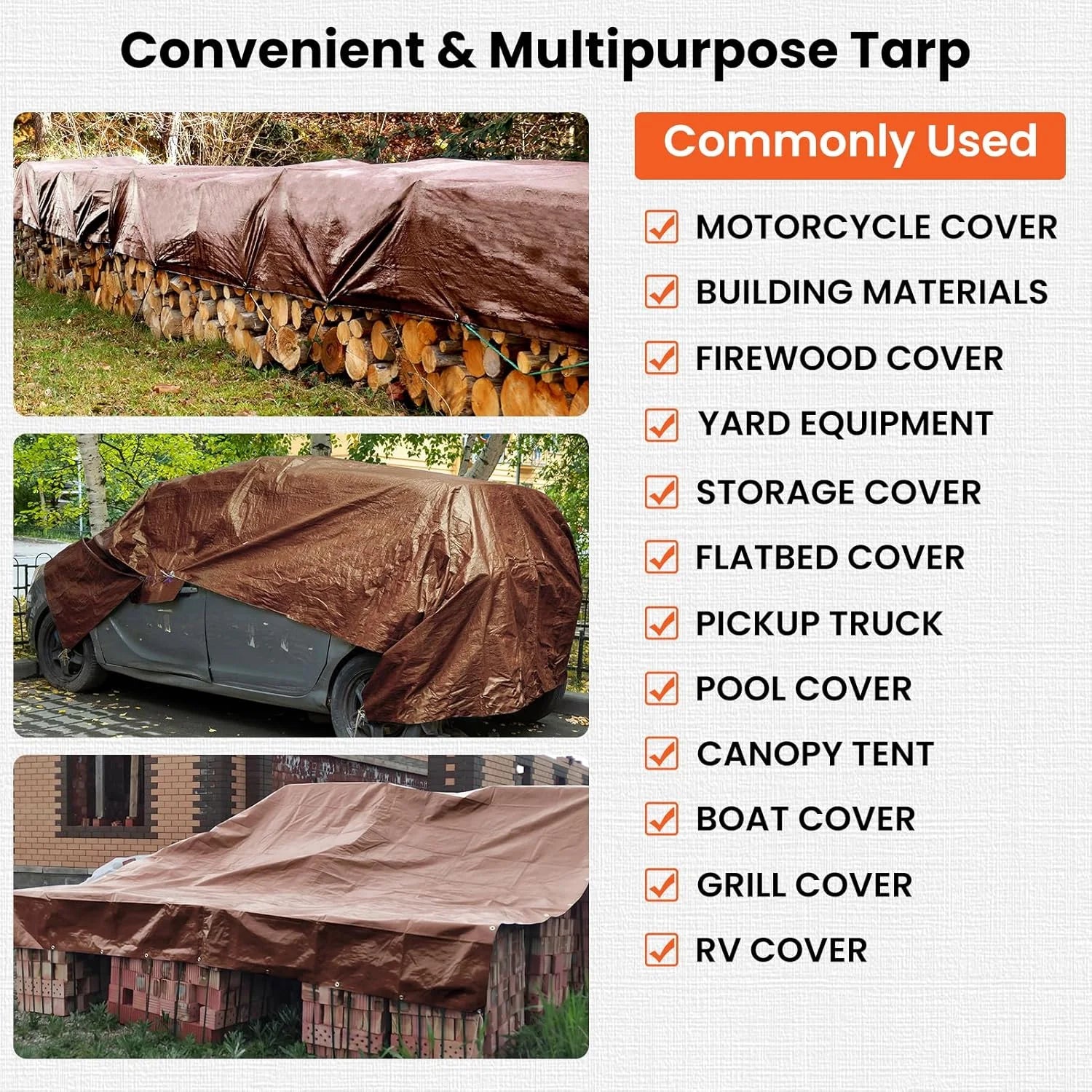Brown/Black Poly Tarp 12x16FT, 16 Mil Heavy Duty Large Tarps, Waterproof Tarp with Brass Grommets and Reinforced Edges, UV Resistant, Tear&Fade Resistant Poly Tarp for Outdoor Camping Pool Car Tent Brown/Black-16mil 12' x 16', As Is condition - View 7