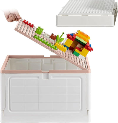 Toy Box Toy Chest with Building Lid for Duplo Blocks,38 Qt.Foldable Storage Bins with Drawing Board,36L Lego Storage Box for Boys and Girls,Lego Storage Organizer(2 PACK Pink+White) Pink-White 2 pack