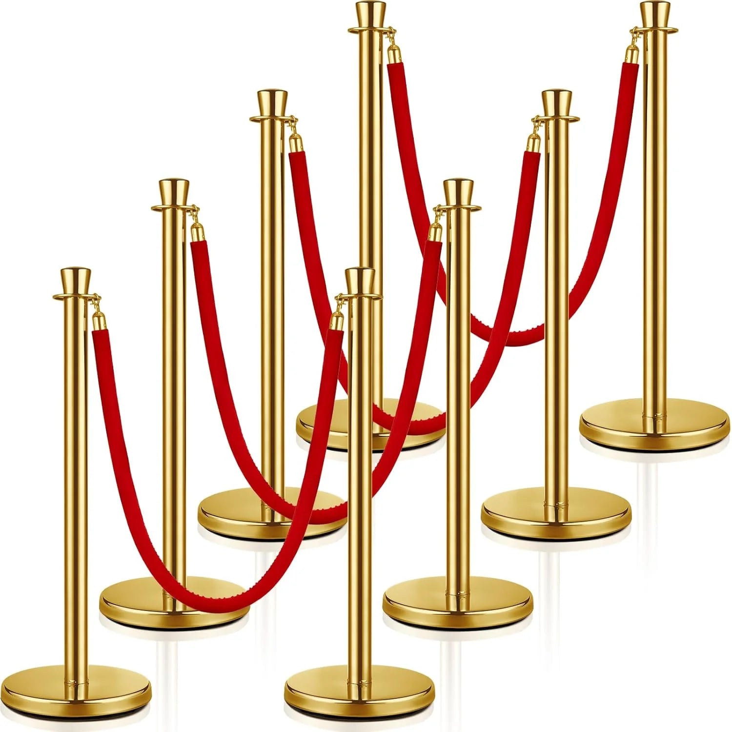 Red, Gold Stainless Steel, Velvet Wesiti 8 Pcs Stainless Steel Stanchion Post Queue, 5ft Red Velvet Rope Red Carpet Ropes and Poles Stanchions and Velvet Ropes Gold Stanchions with Red Rope Crowd Control Barriers for Party Supplies, Good Condition condition - View 1