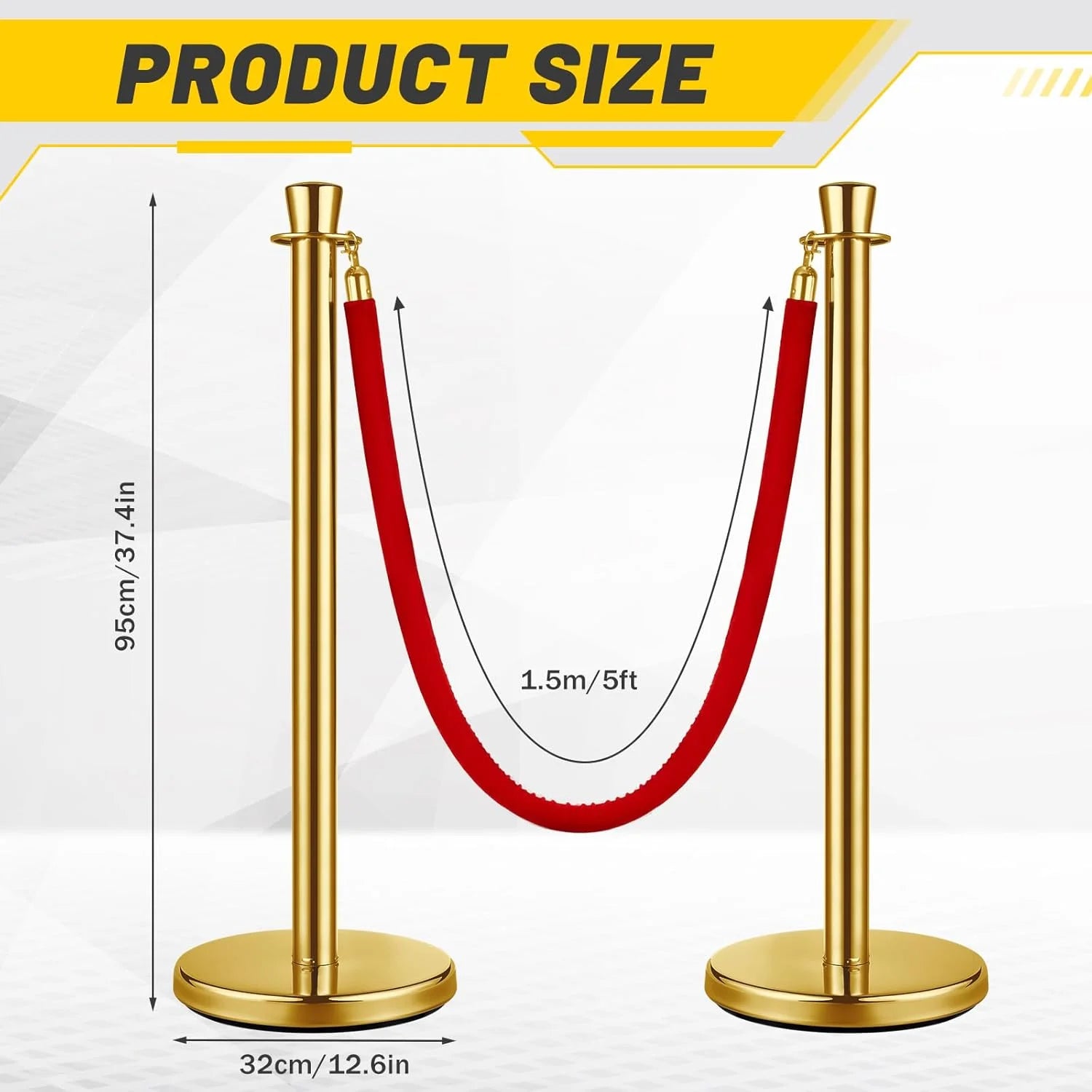 Red, Gold Stainless Steel, Velvet Wesiti 8 Pcs Stainless Steel Stanchion Post Queue, 5ft Red Velvet Rope Red Carpet Ropes and Poles Stanchions and Velvet Ropes Gold Stanchions with Red Rope Crowd Control Barriers for Party Supplies, Good Condition condition - View 4