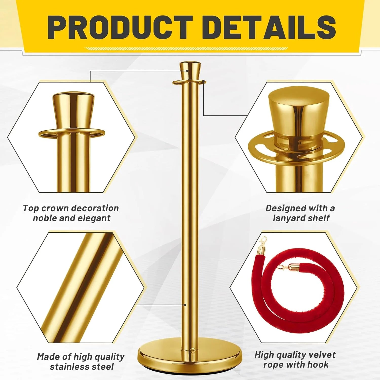 Red, Gold Stainless Steel, Velvet Wesiti 8 Pcs Stainless Steel Stanchion Post Queue, 5ft Red Velvet Rope Red Carpet Ropes and Poles Stanchions and Velvet Ropes Gold Stanchions with Red Rope Crowd Control Barriers for Party Supplies, Good Condition condition - View 6